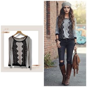 🌿Jolt Women's Small Gray Long Sleeve Top Black Lace Detail Lightweight Boho